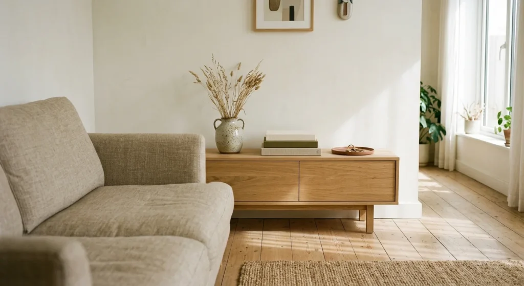 Bright living room featuring a beige fabric couch, wooden low credenza with dried flowers, and light wood flooring.