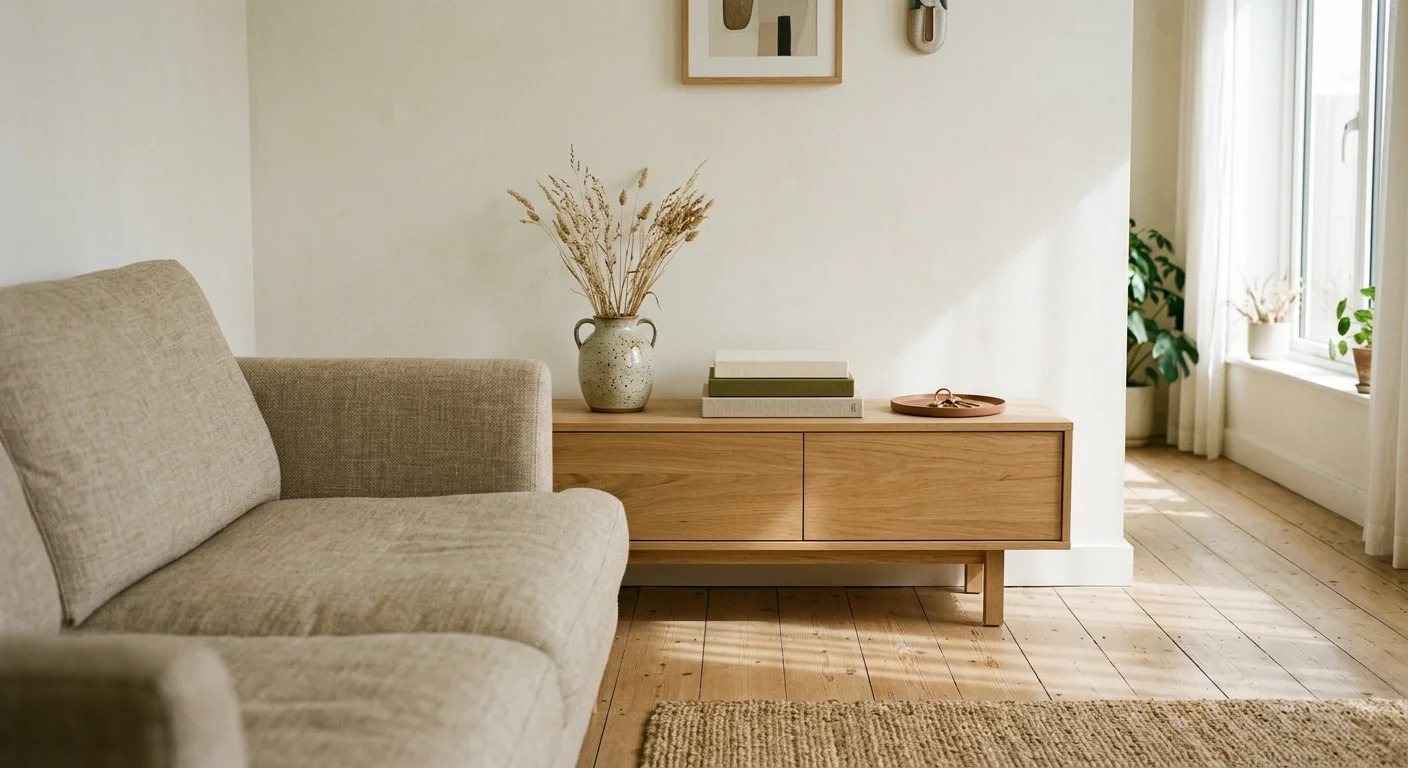 Bright living room featuring a beige fabric couch, wooden low credenza with dried flowers, and light wood flooring.