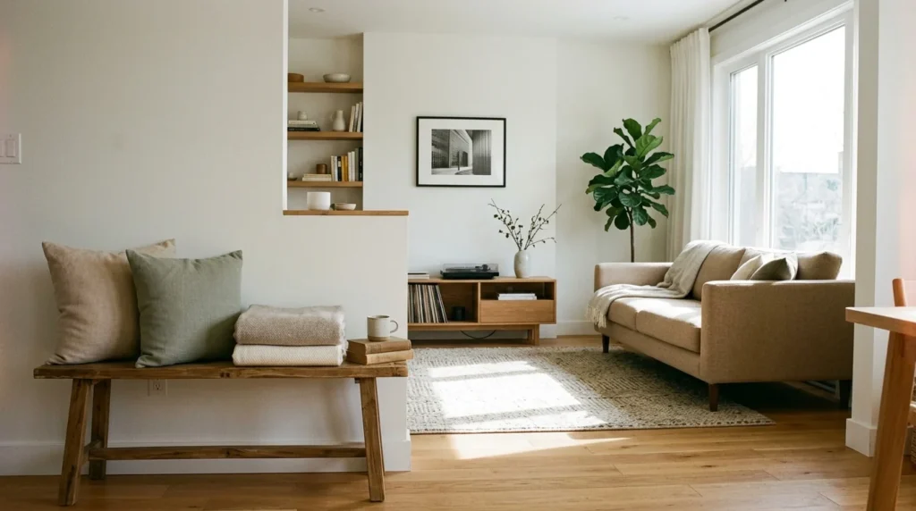 Bright, minimalist living room with a beige sofa, wooden bench with pillows, low console, and a potted fiddle-leaf fig.