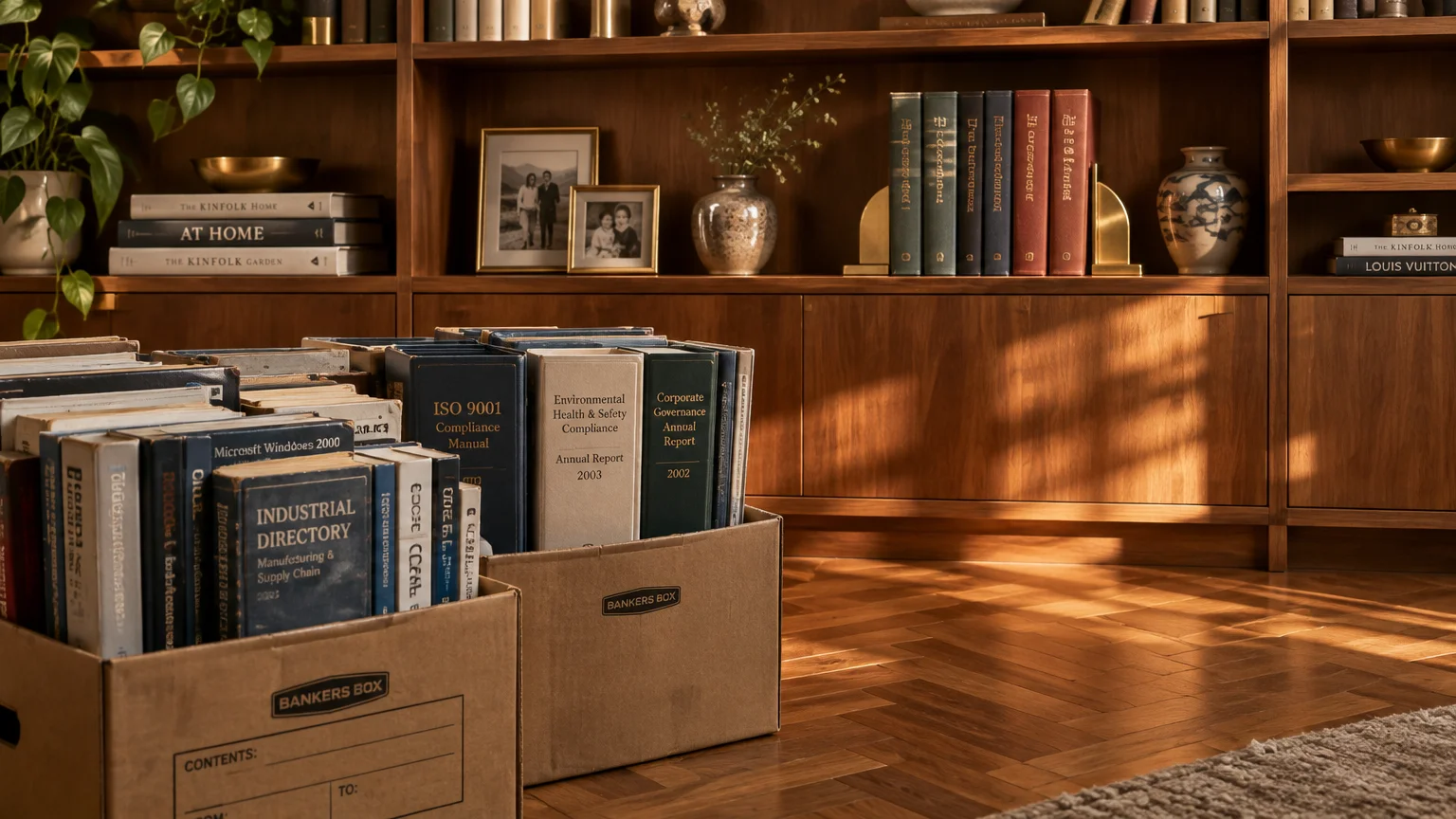 Cardboard boxes packed with old technical manuals sit on a parquet floor in front of a wooden bookcase.