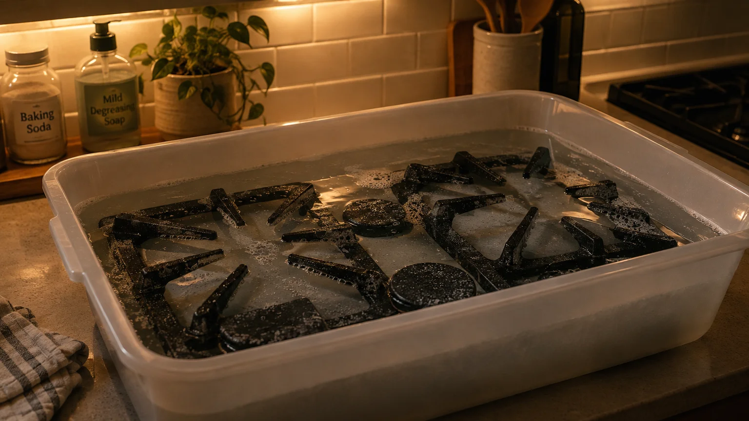 Cast-iron stove grates and burner caps soaking in soapy water inside a clear plastic tub on a kitchen counter.