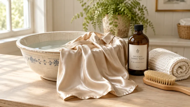 A silk shirt drapes over a ceramic washbasin next to a bottle of delicate fabric wash, brush, and rolled towel.