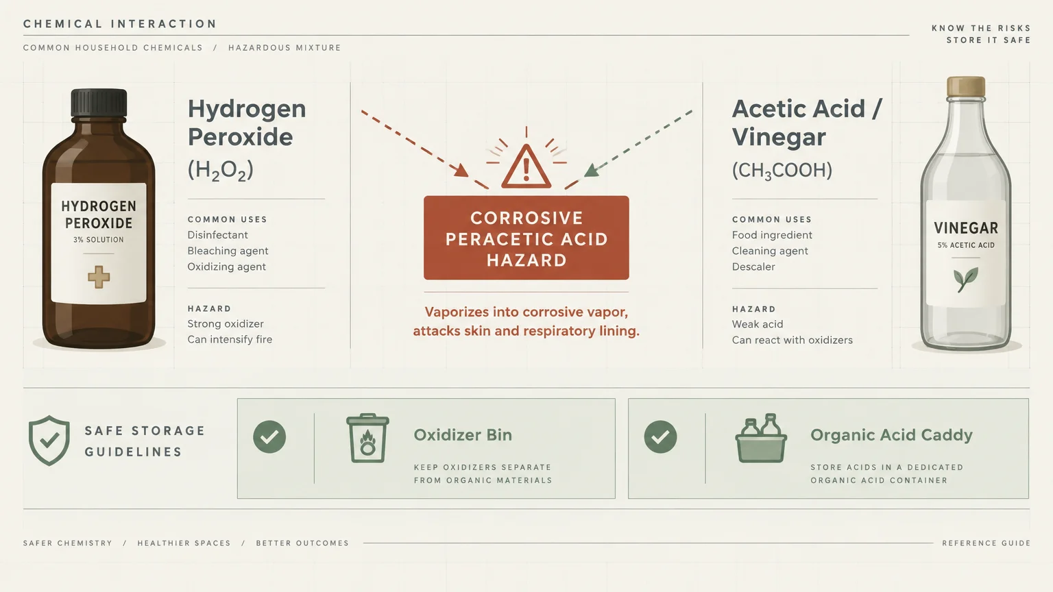 Diagram detailing the chemical hazard of mixing hydrogen peroxide and vinegar to form peracetic acid, with safe storage tips.