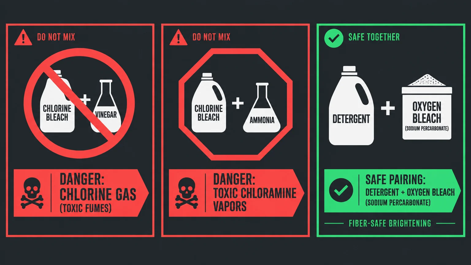 Diagram showing hazardous combinations of chlorine bleach with vinegar or ammonia alongside safe pairings.
