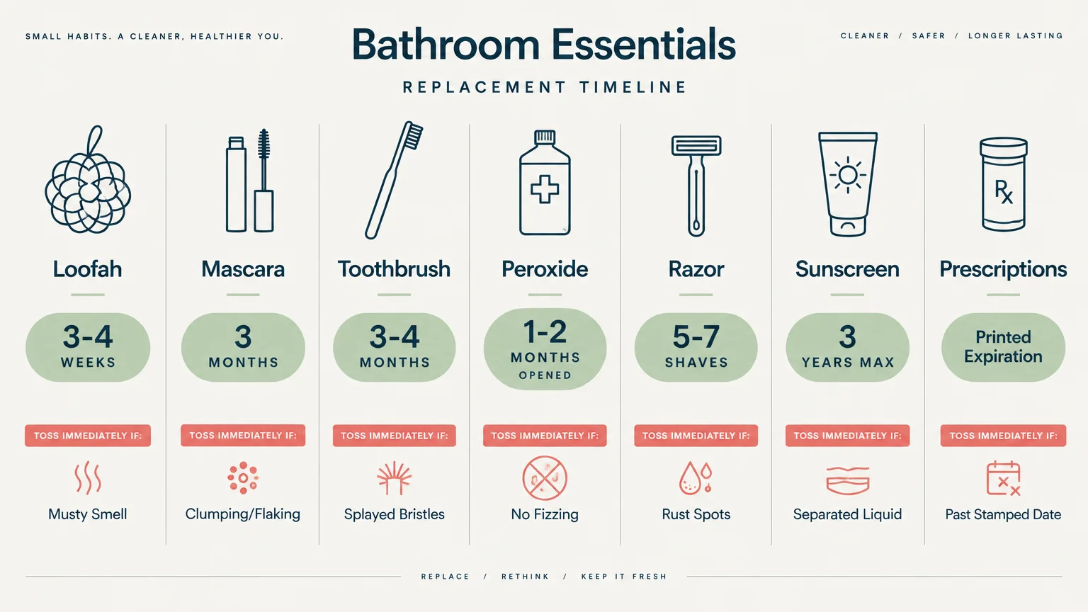 Infographic titled Bathroom Essentials Replacement Timeline showing expiration guidelines for seven personal care items.