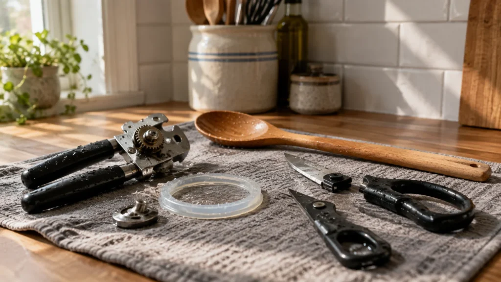 A can opener, detached kitchen shears, a rubber seal ring, and a wooden spoon drying on a towel on a wooden counter.