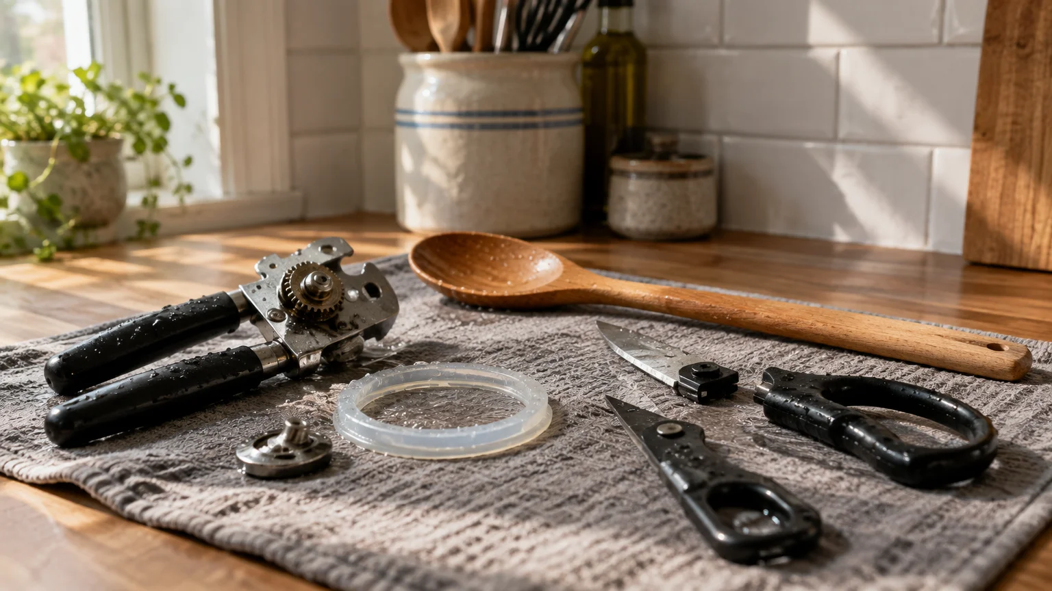 A can opener, detached kitchen shears, a rubber seal ring, and a wooden spoon drying on a towel on a wooden counter.