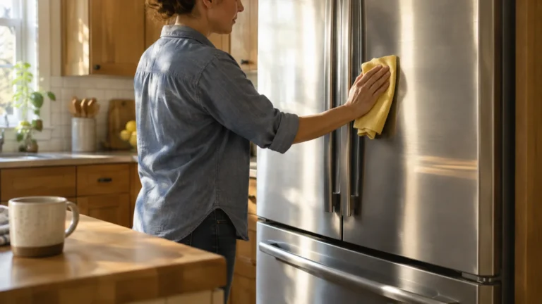 Woman wiping down a stainless steel refrigerator door with a yellow cloth in a sunlit kitchen.