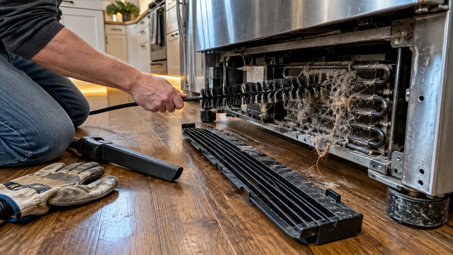 A person kneeling on a wood floor inserts a narrow black cleaning brush into dusty refrigerator condenser coils.