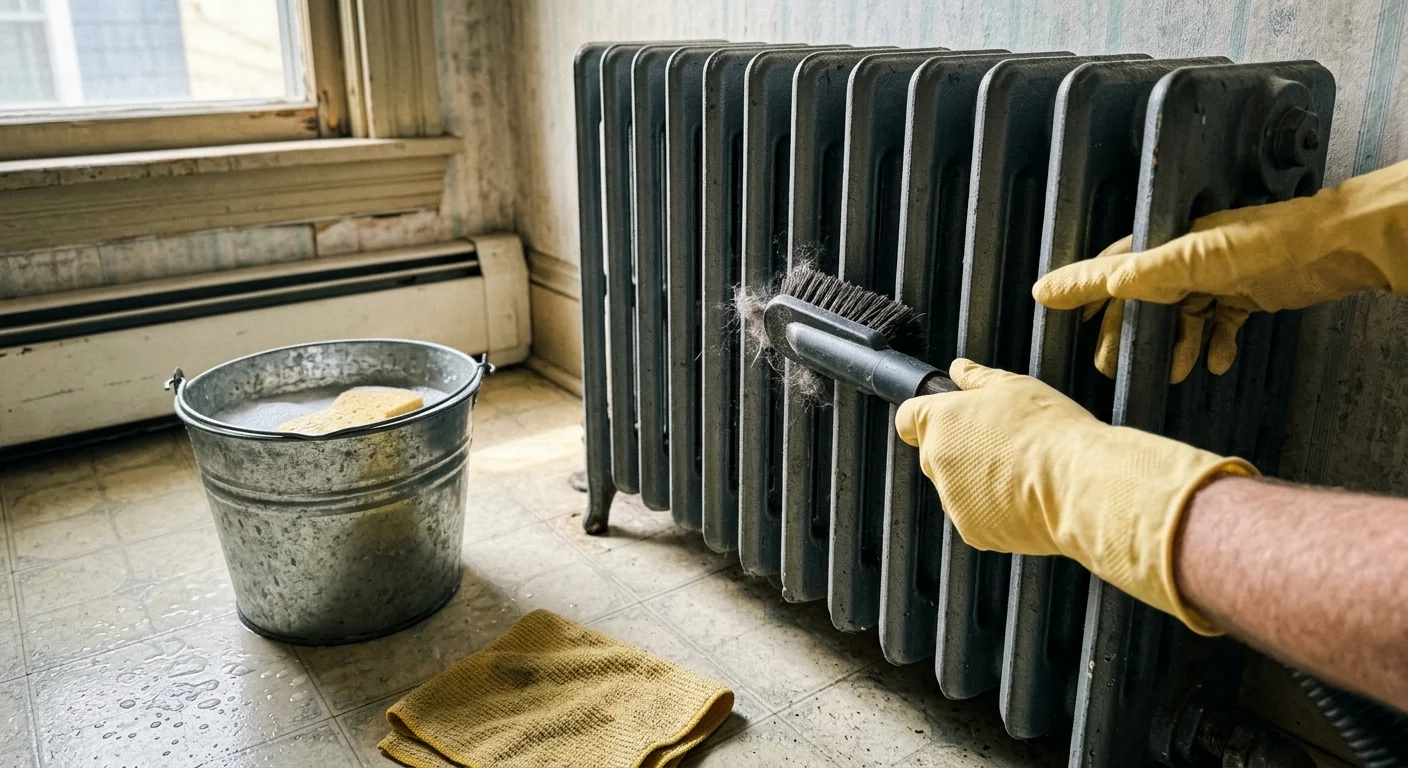 Person in yellow rubber gloves vacuuming dust off a vintage cast-iron radiator next to a metal wash bucket.