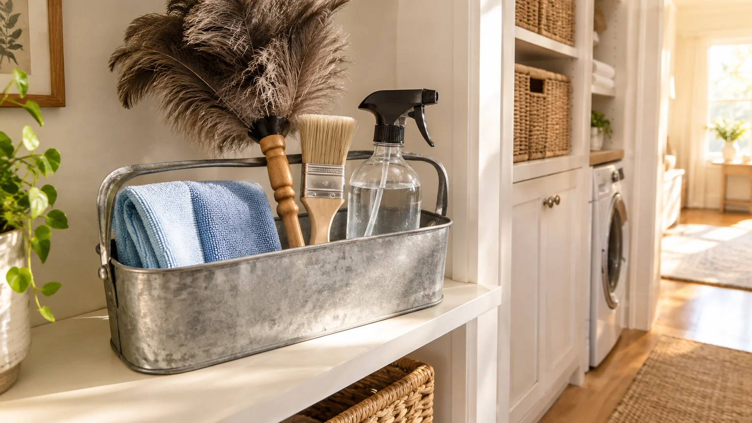 Galvanized metal caddy holding a blue cloth, feather duster, soft brush, and clear spray bottle in a laundry room.