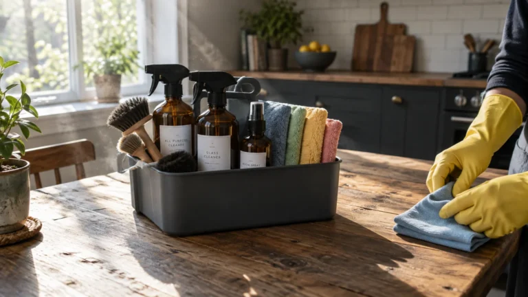 A cleaning caddy filled with spray bottles, brushes, and microfiber cloths sits on a wooden kitchen table.