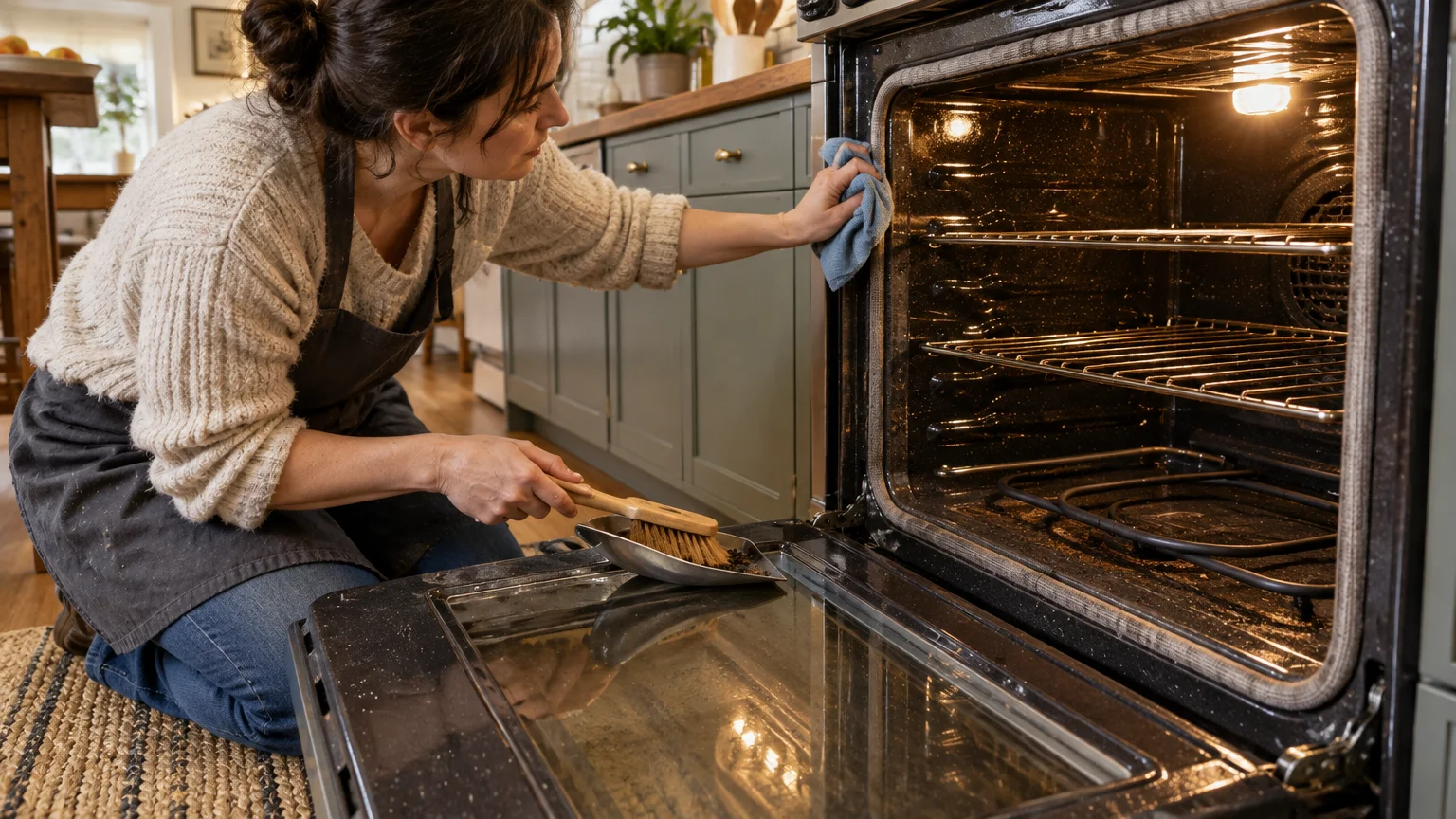 A woman kneeling on the floor wipes an oven door gasket with a cloth while brushing crumbs into a dustpan.