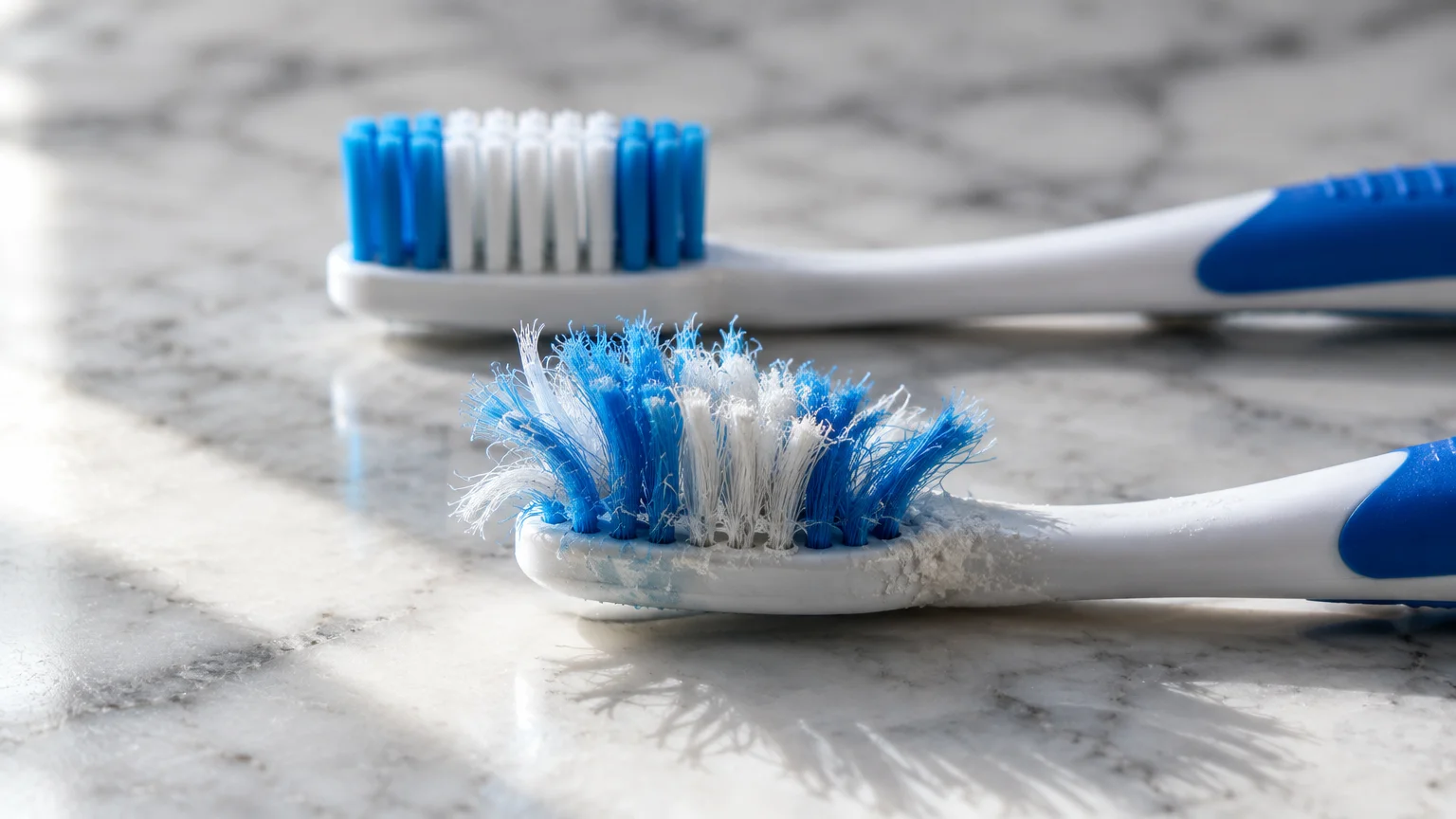 A worn, frayed blue-and-white toothbrush resting beside a new toothbrush on a marble countertop.