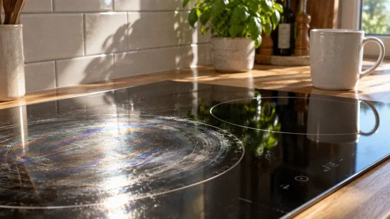 Black ceramic glass stovetop with a cloudy, rainbow-colored circular residue stain over one heating burner.