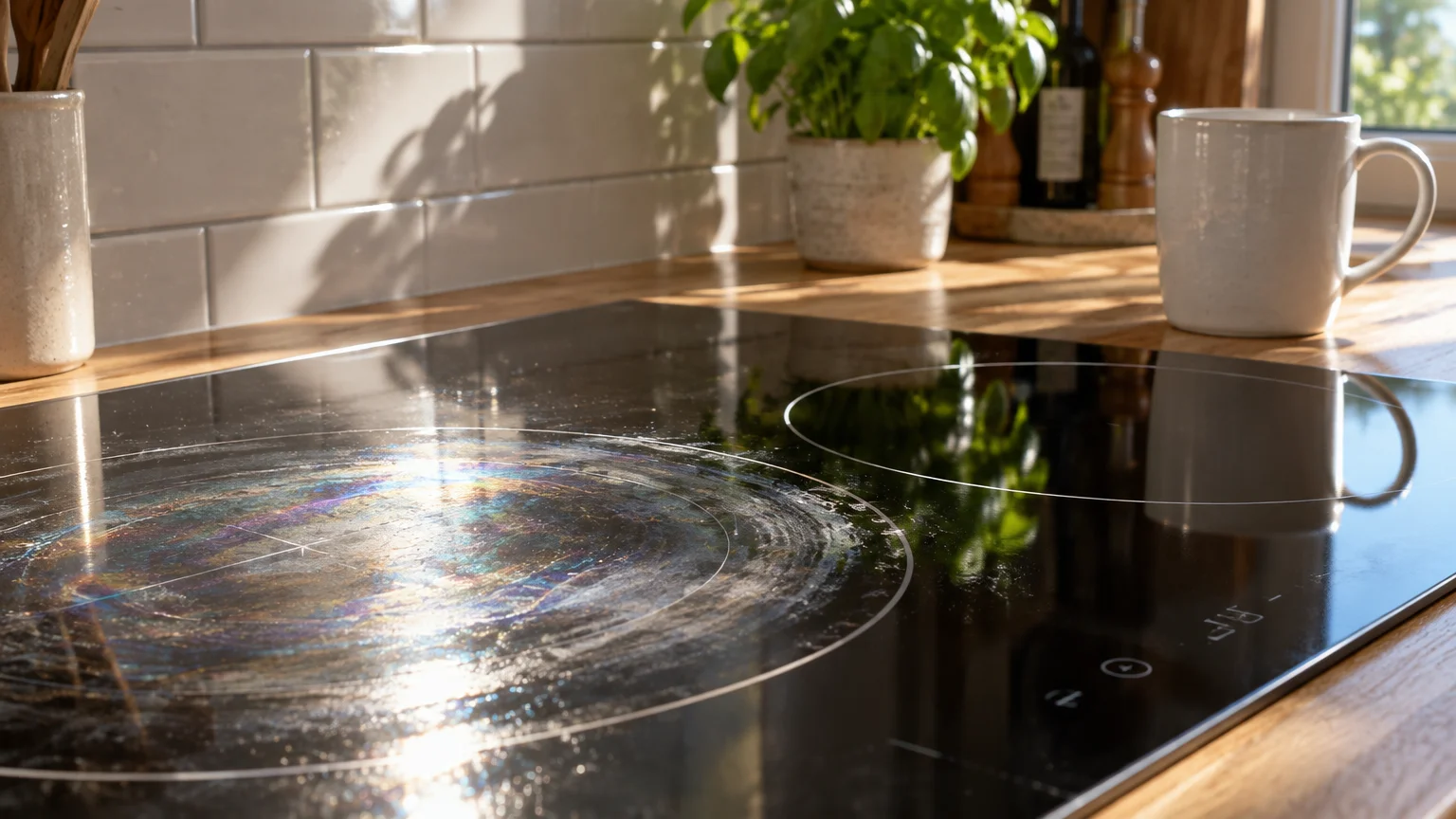 Black ceramic glass stovetop with a cloudy, rainbow-colored circular residue stain over one heating burner.
