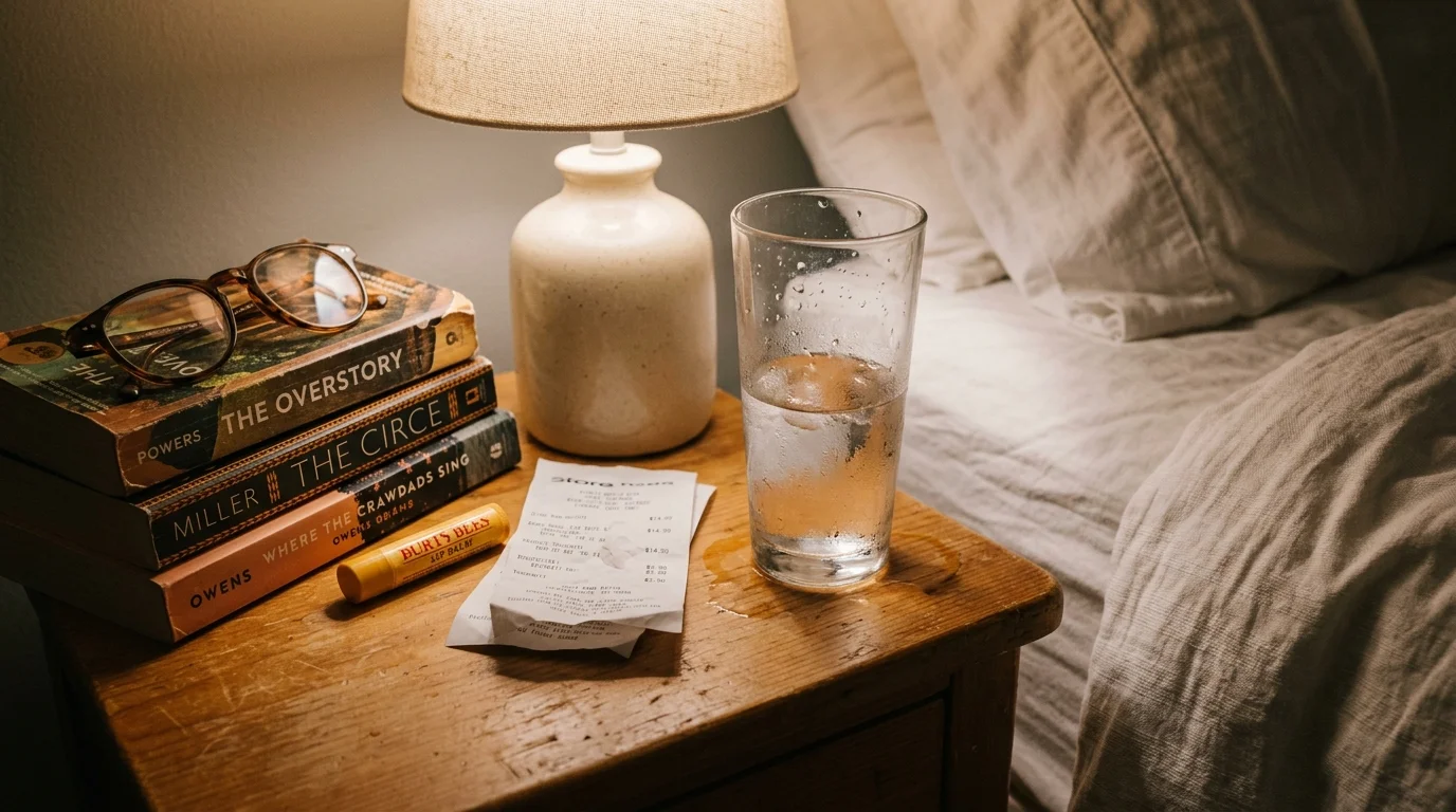 Wooden nightstand beside a bed holding a lamp, a glass of water, a stack of books with eyeglasses, lip balm, and receipts.