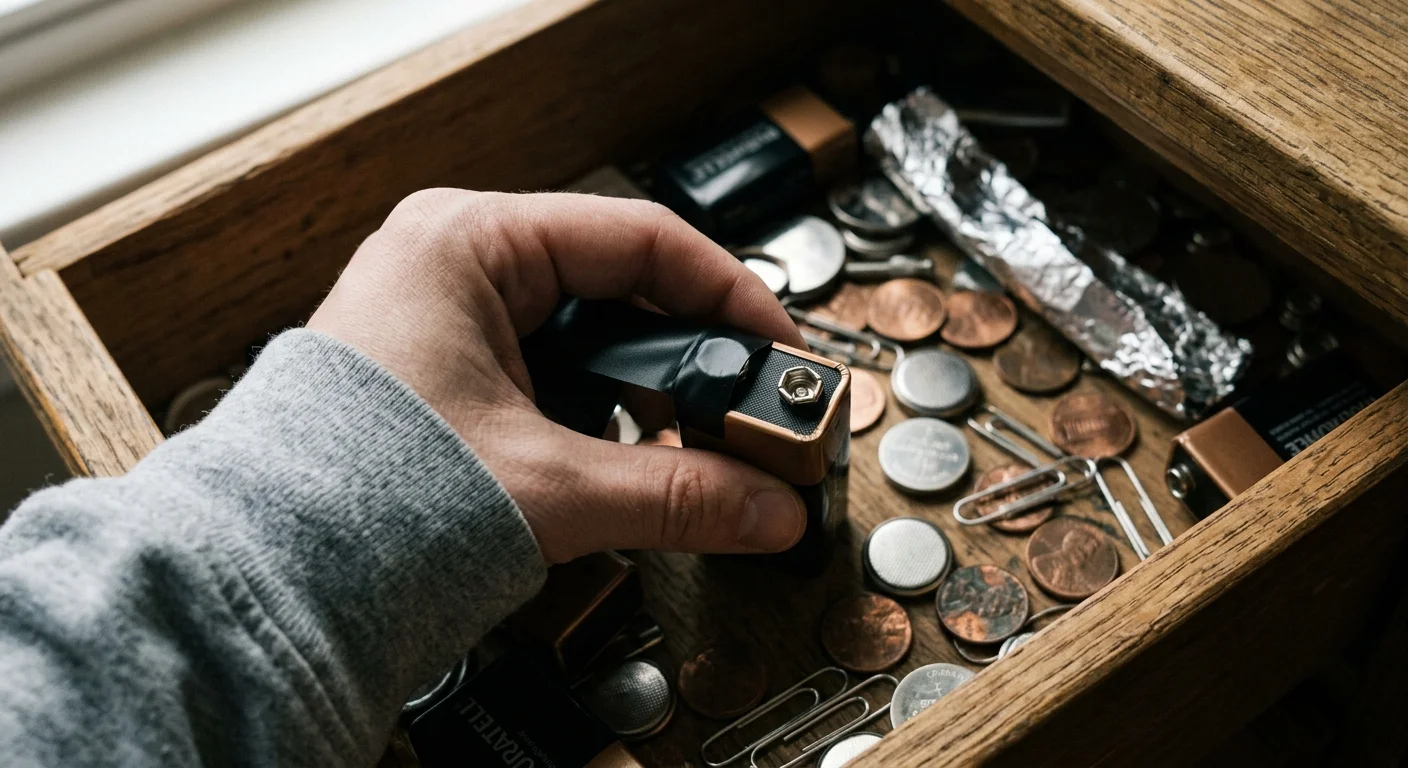 A hand placing black tape over a 9-volt battery terminal above a wooden drawer filled with coins and paperclips.