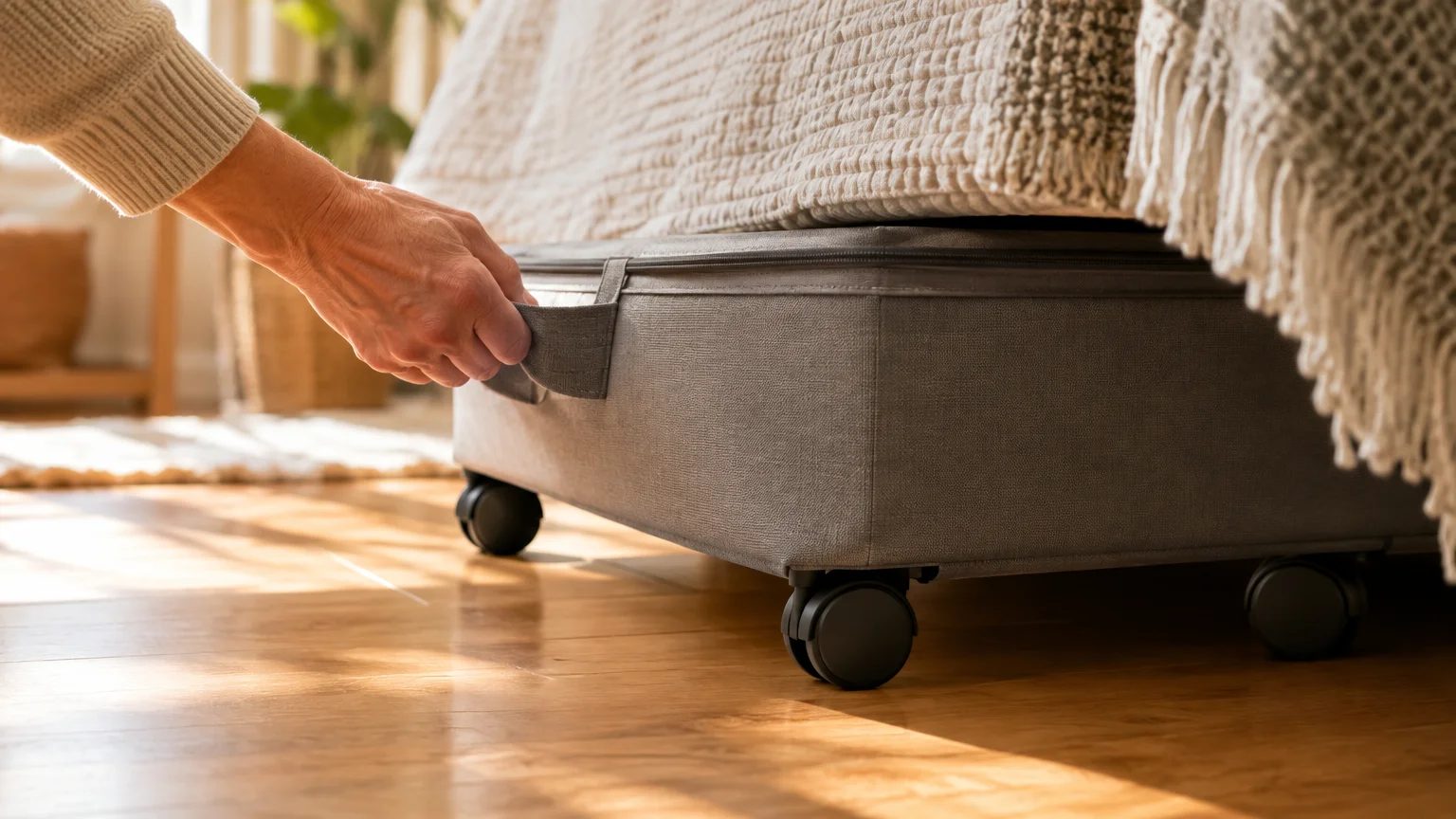 A hand pulls a wheeled gray fabric storage drawer out from under a bed on hardwood flooring.