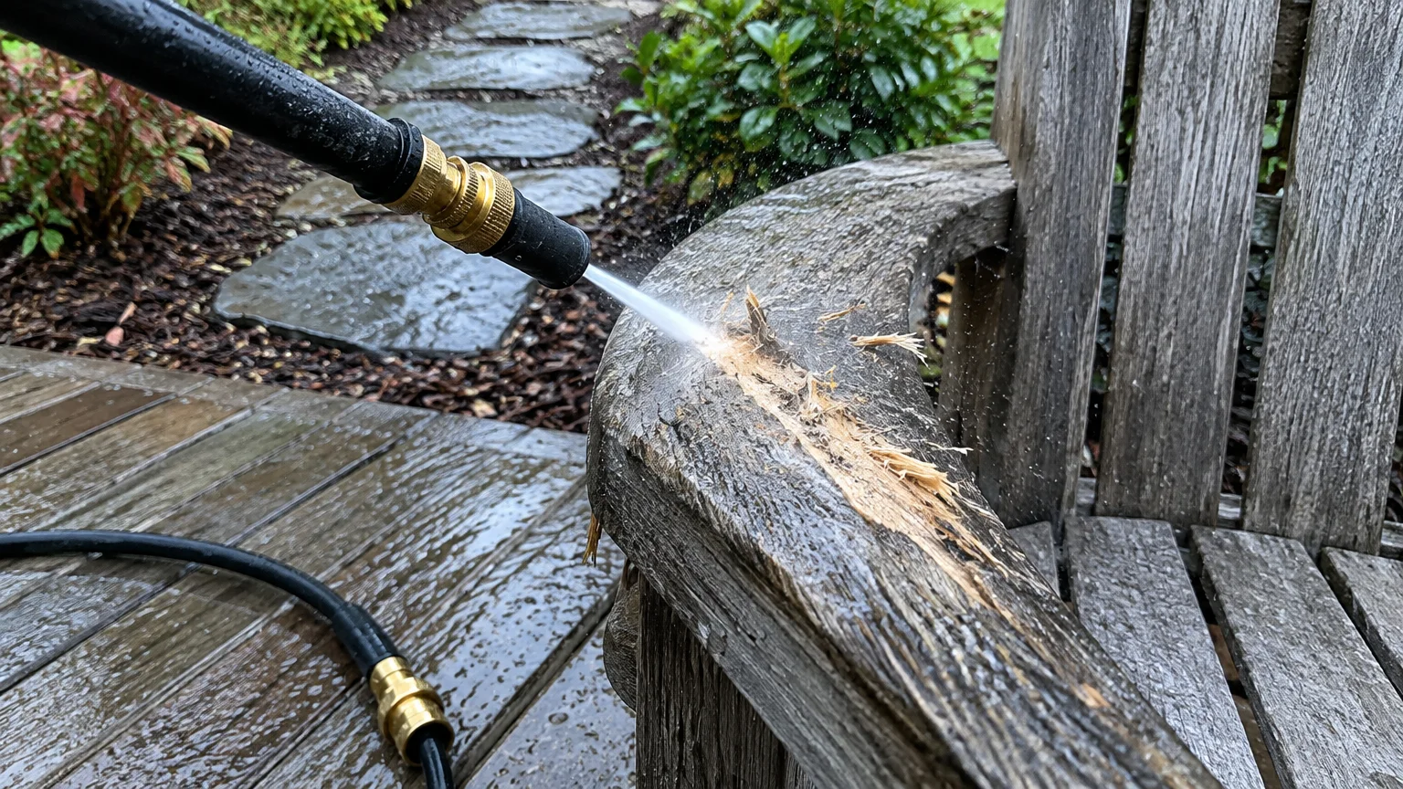 High-pressure water from a hose nozzle blasts and splinters the wooden armrest of a weathered outdoor chair.