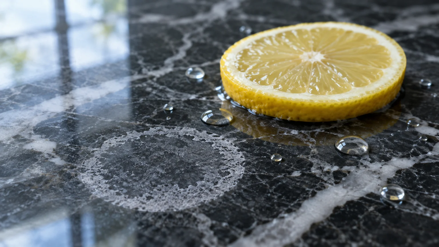 A fresh lemon slice on a black marble countertop next to a dull, etched circular mark and juice droplets.