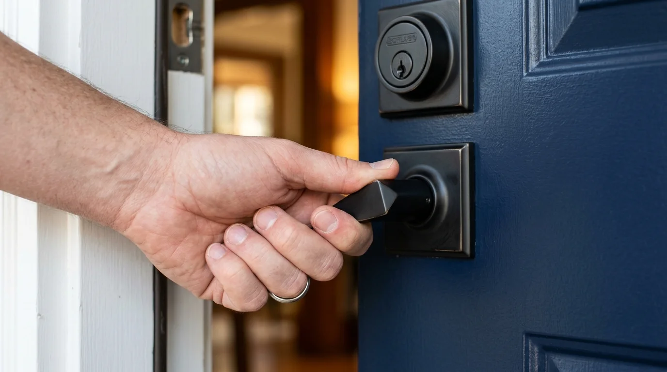 A hand turns a modern matte black lever handle on a dark blue front door with a matching deadbolt.