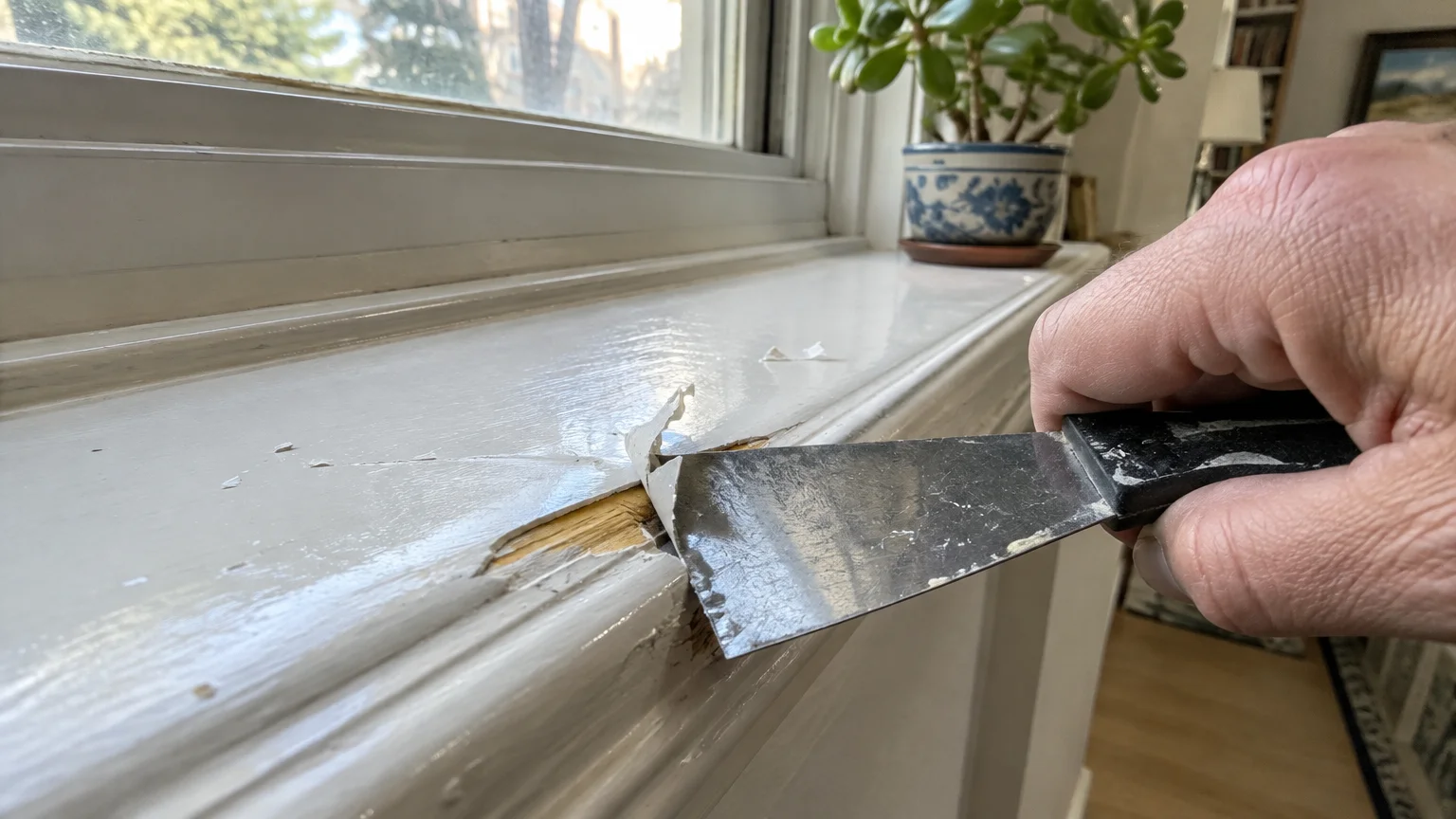 A hand uses a metal putty knife to scrape peeling white paint off a wooden windowsill, exposing bare wood underneath.