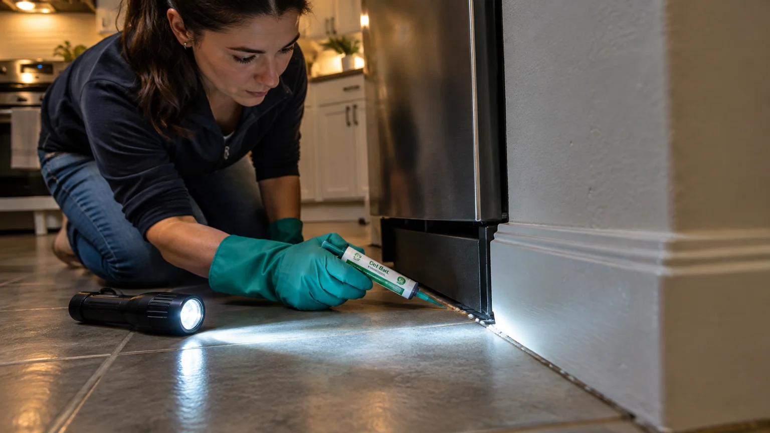 Woman in teal gloves kneeling on a kitchen floor, shining a flashlight and applying gel bait beneath an appliance.