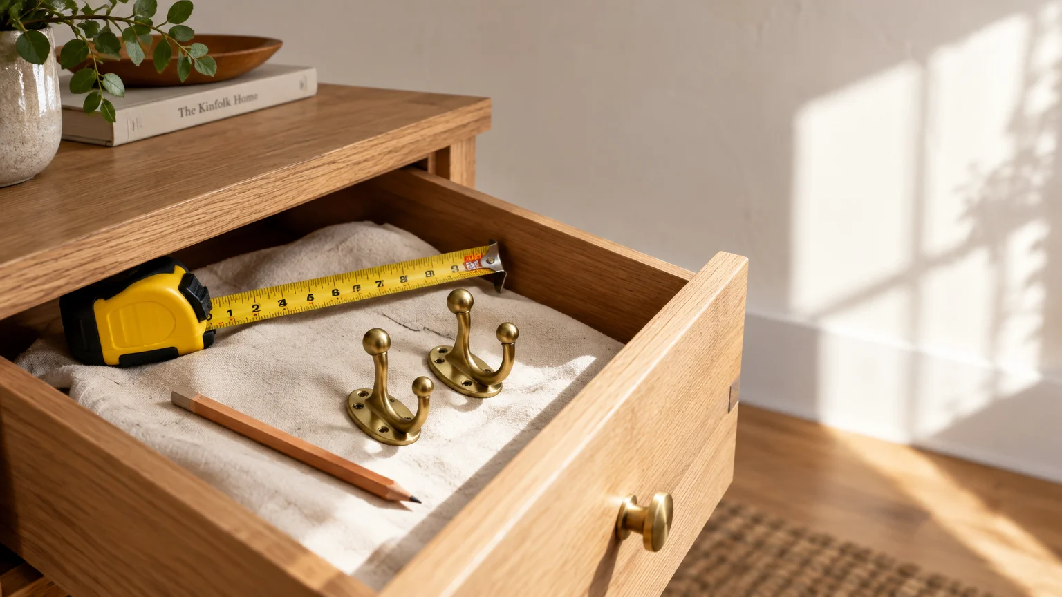 An open wooden drawer holding a yellow tape measure, a pencil, and two brass coat hooks on a cloth liner.