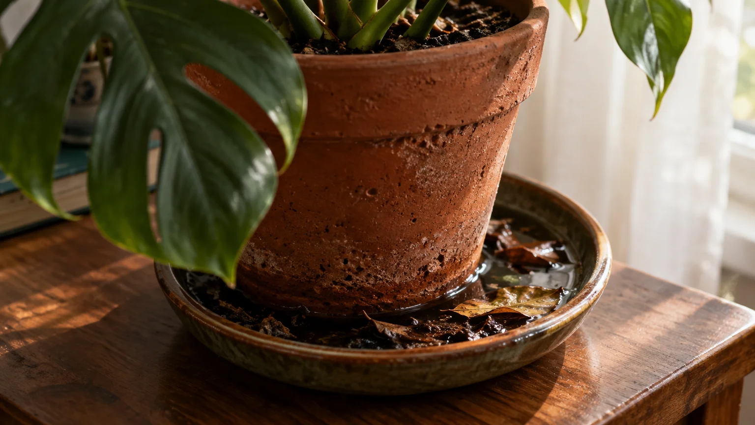 Terracotta plant pot sitting in a saucer of standing water with fallen brown leaves on a wooden table.