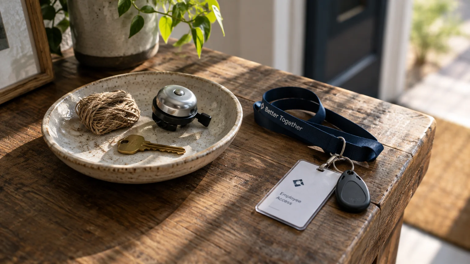 Employee access badge with a blue lanyard, a black key fob, and a ceramic catchall tray on a rustic wooden tabletop.