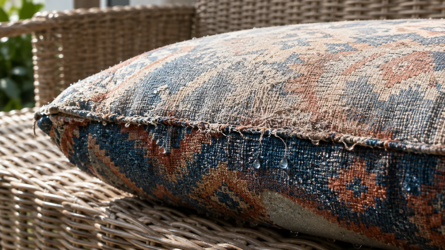 Close-up of a damp, frayed patterned cushion resting on an outdoor wicker chair with water droplets on the seam.