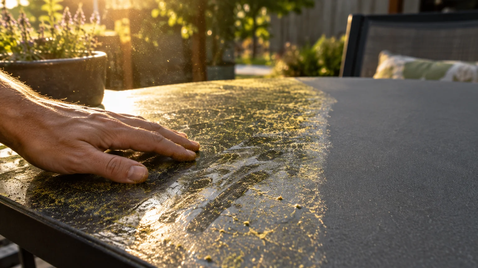 A hand rests on an outdoor patio table coated in a thick, sticky layer of yellow pollen under sunlight.