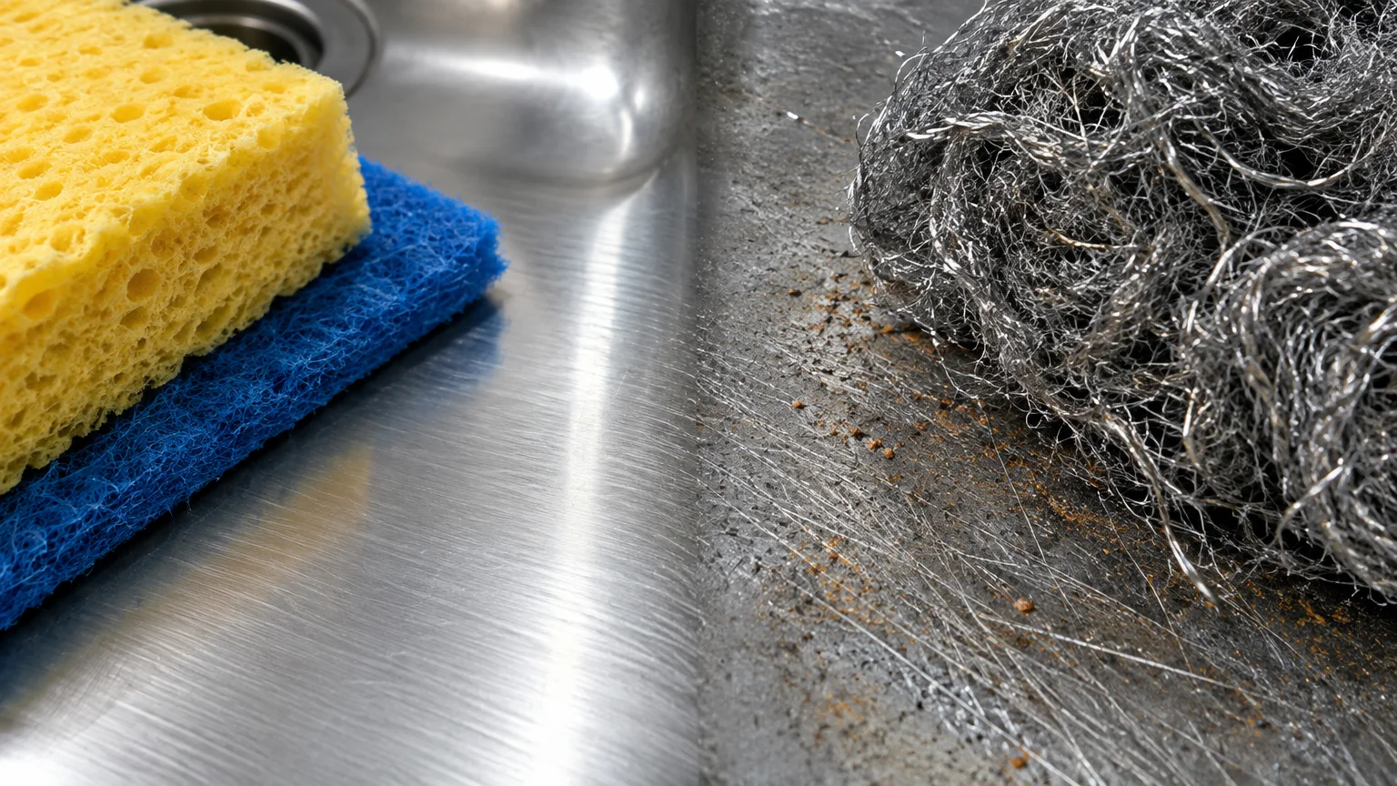 Split view of a clean sink with a sponge beside a heavily scratched metal surface with steel wool and rust specks.