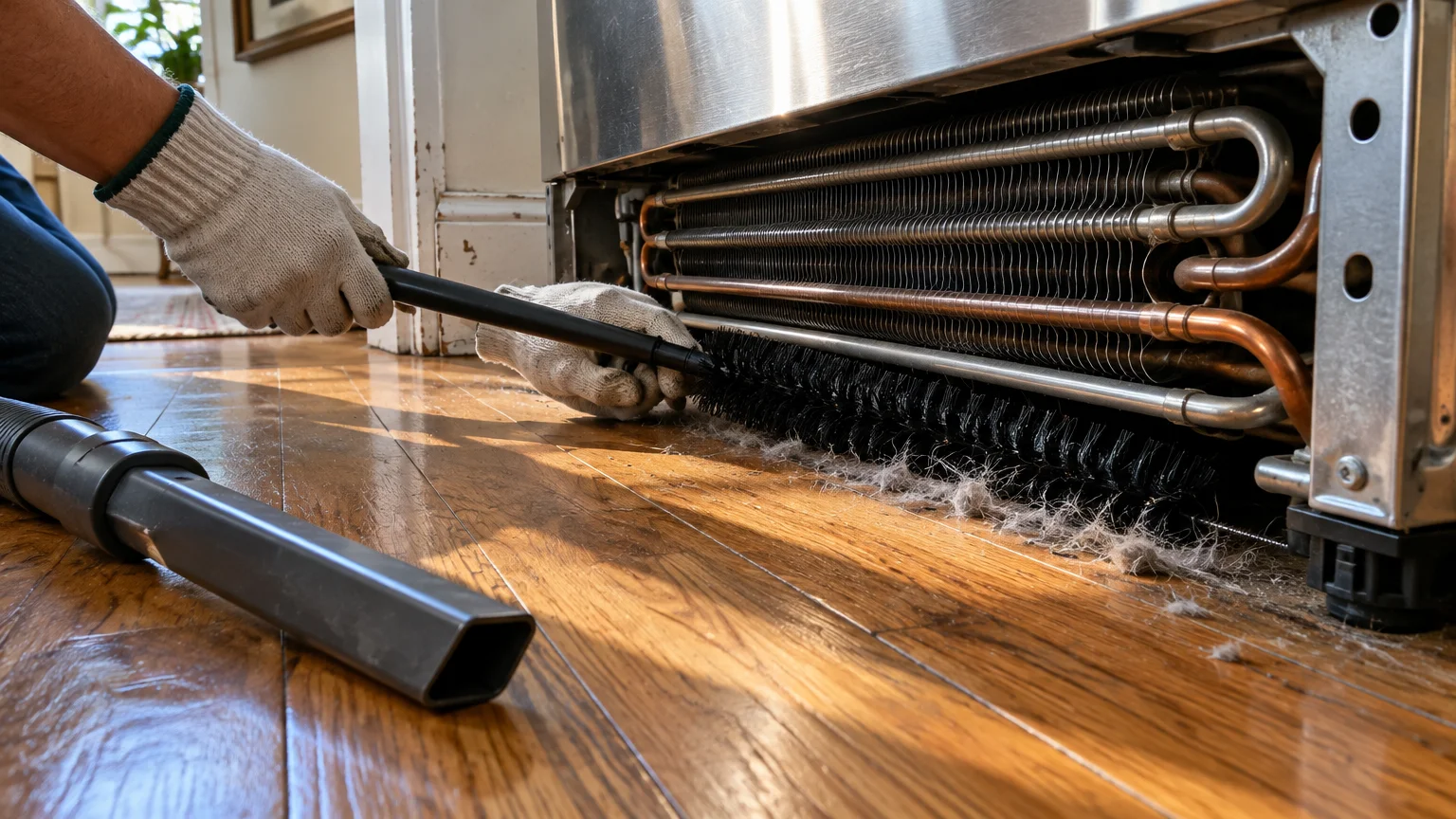 Person in work gloves cleaning exposed refrigerator condenser coils on a hardwood floor using a long brush and vacuum.