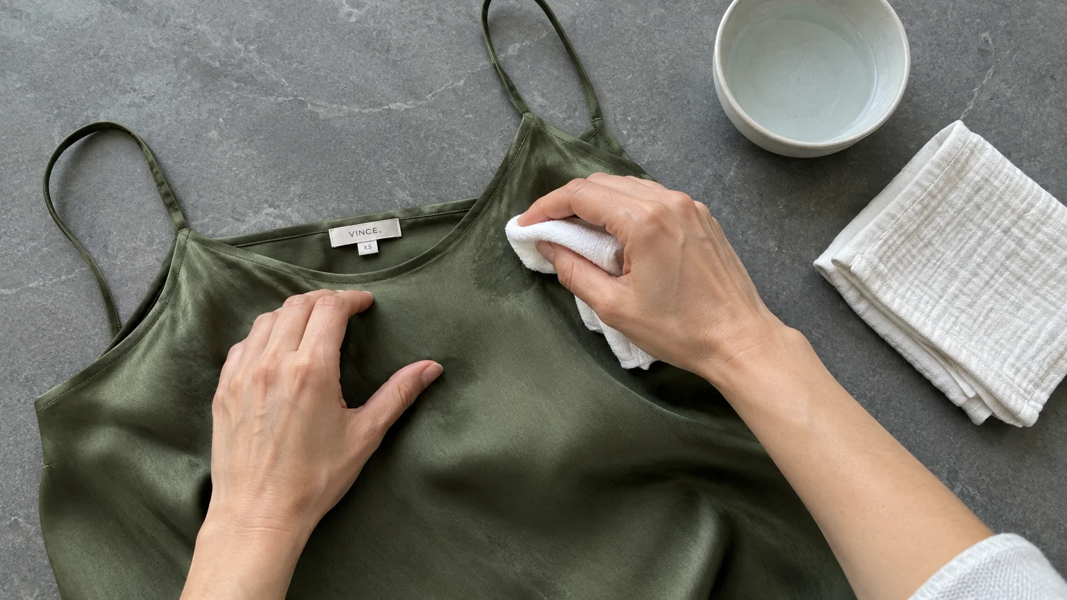 Hands dabbing a green silk camisole with a white cloth next to a small bowl of water on a gray surface.