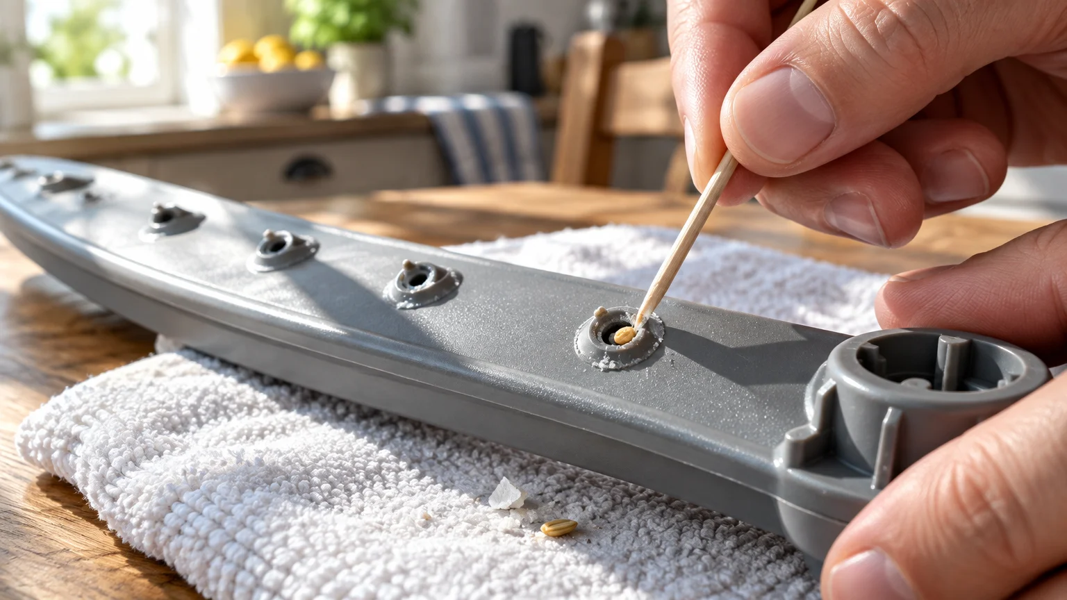 A person using a wooden toothpick to poke a trapped seed out of a gray dishwasher spray arm nozzle.