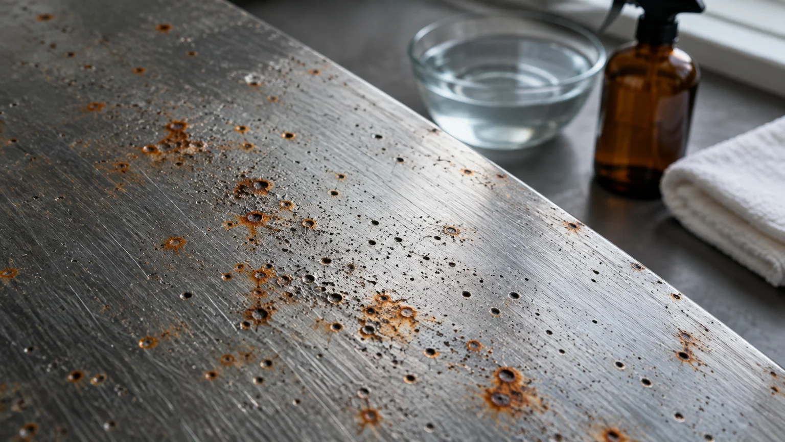 Pitted and rusted stainless steel surface with a glass bowl of water, amber spray bottle, and white cloth in the background.