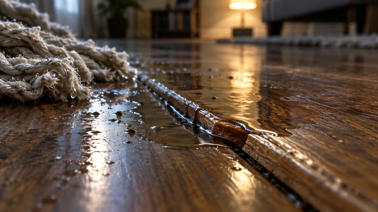 Close-up of water pooling on dark wood floor planks beside a wet cotton string mop head.