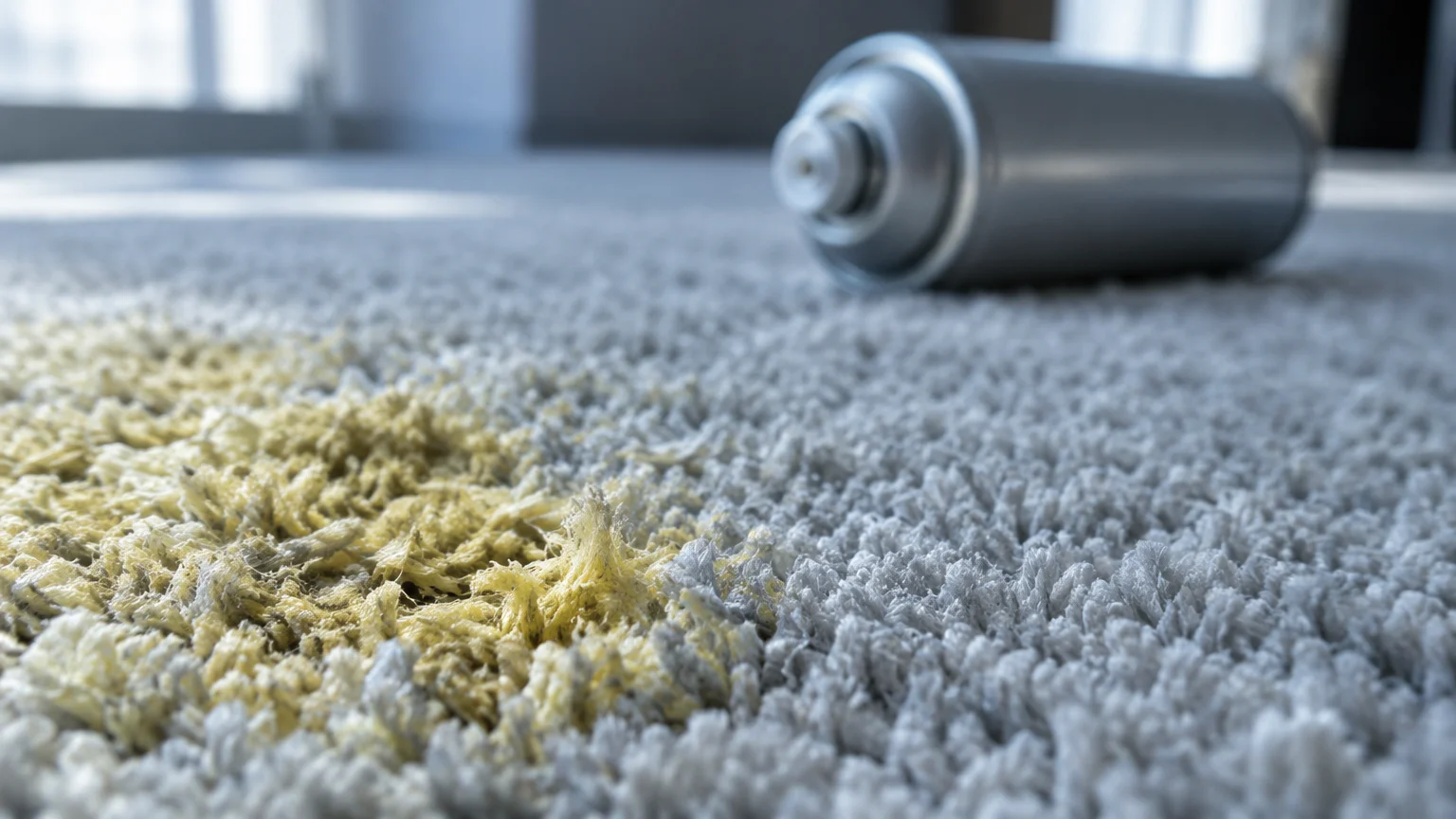A metallic aerosol can lying on a gray shag carpet beside a prominent yellowed, damaged stain patch.