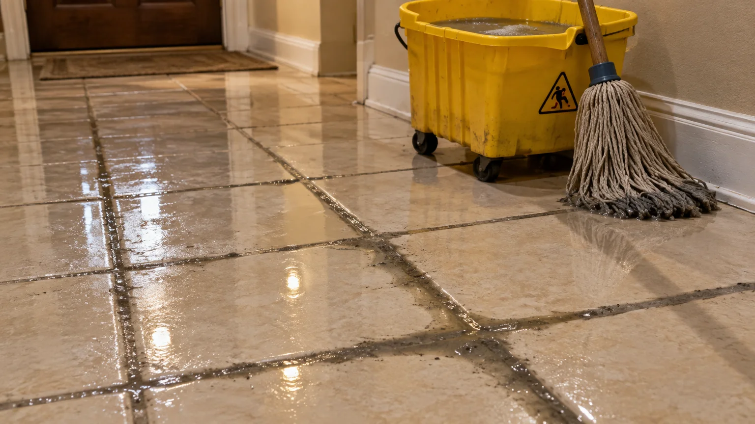 Wet beige tile floor with dirty water pooled in grout lines beside a yellow mop bucket and string mop.