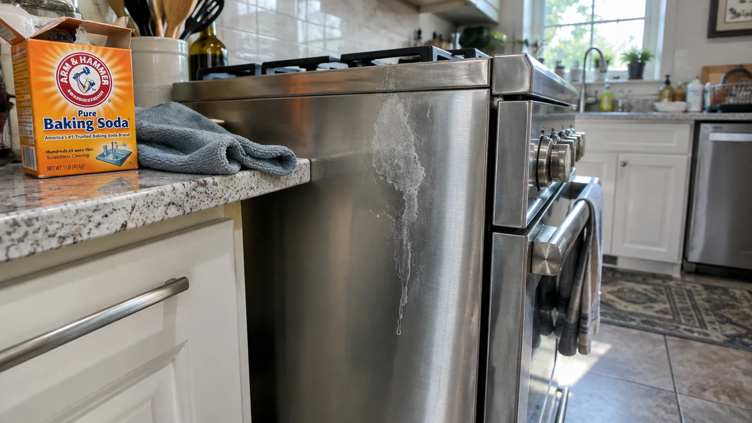White chemical drip stain etching the stainless steel side panel of a kitchen range next to a box of baking soda.