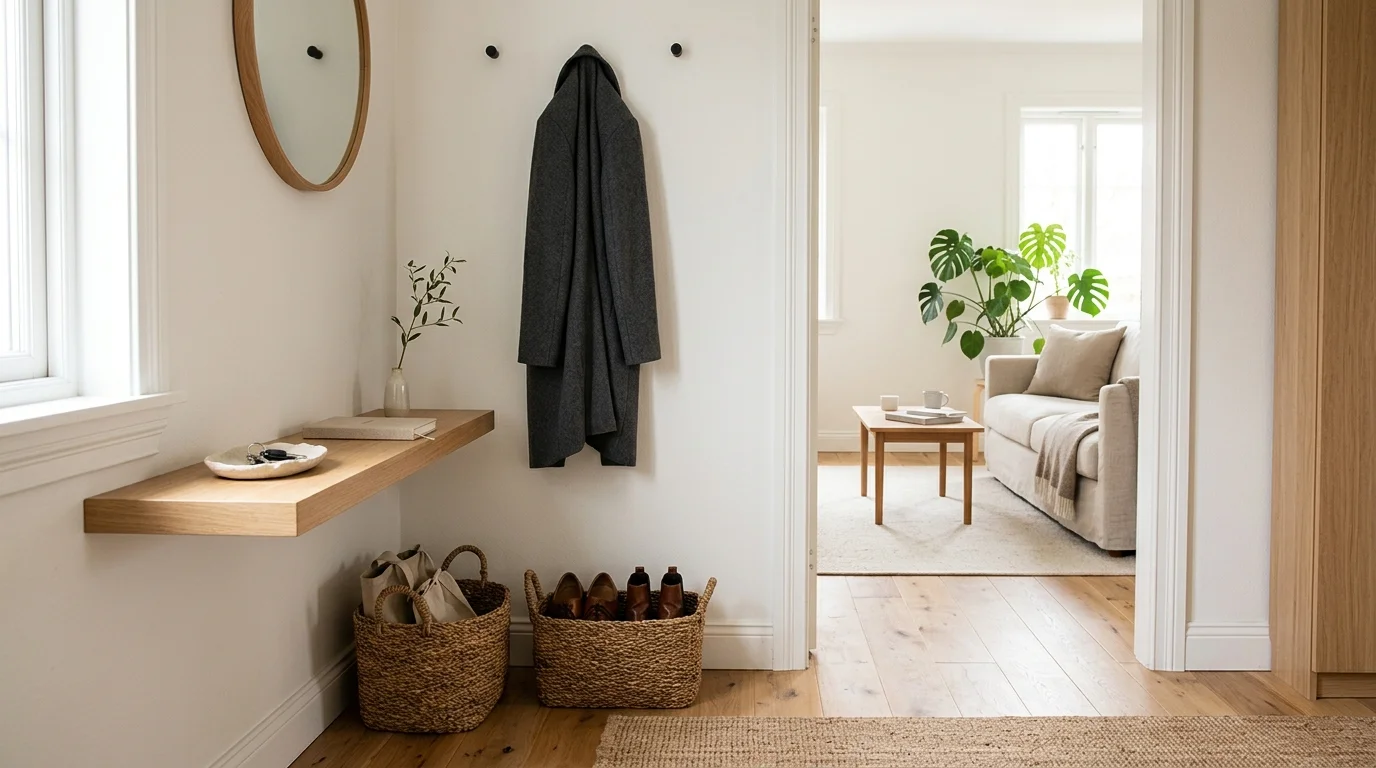 Minimalist entryway with floating shelf, woven baskets, hanging coat, and a doorway opening into a bright living room.
