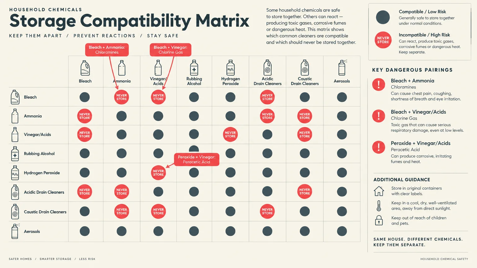 Storage compatibility matrix showing safe and incompatible pairings among household cleaning chemicals with red warnings.