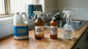 Bottles of bleach, white vinegar, hydrogen peroxide, and multi-surface cleaner lined up on a wooden kitchen counter.