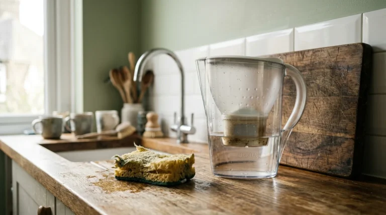 A worn kitchen sponge and a water filter pitcher sit on a wooden countertop by a sink.