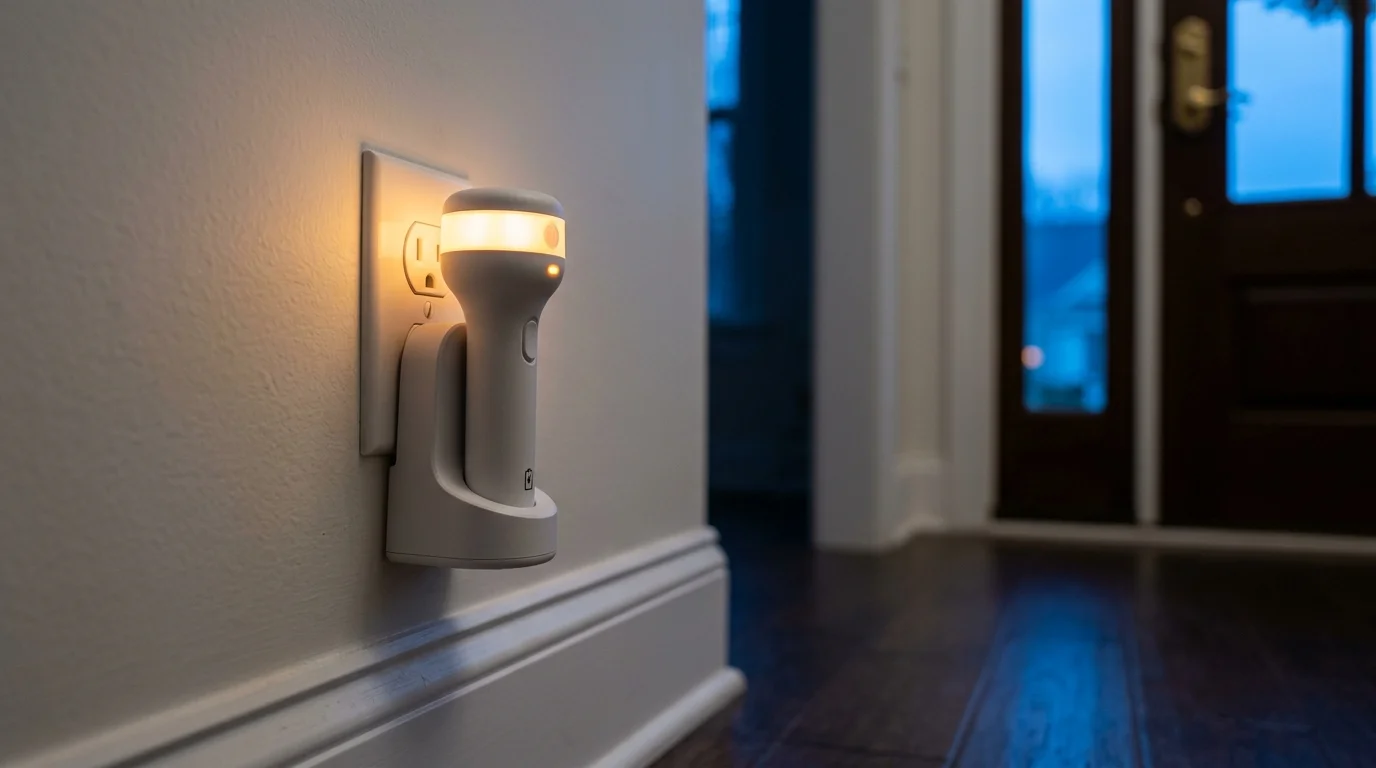 A plug-in LED emergency flashlight glowing in a wall outlet in an entryway hallway near the front door.