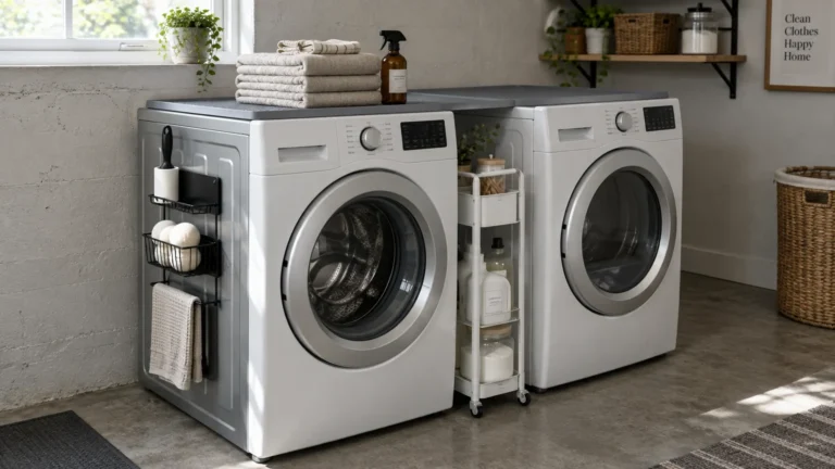 Front-loading washer and dryer with a slim rolling cart between them and a magnetic hanging rack attached to the side.