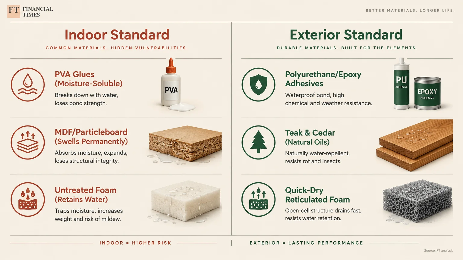 Diagram comparing indoor standards like PVA glue and MDF with exterior standards like polyurethane adhesive and teak.