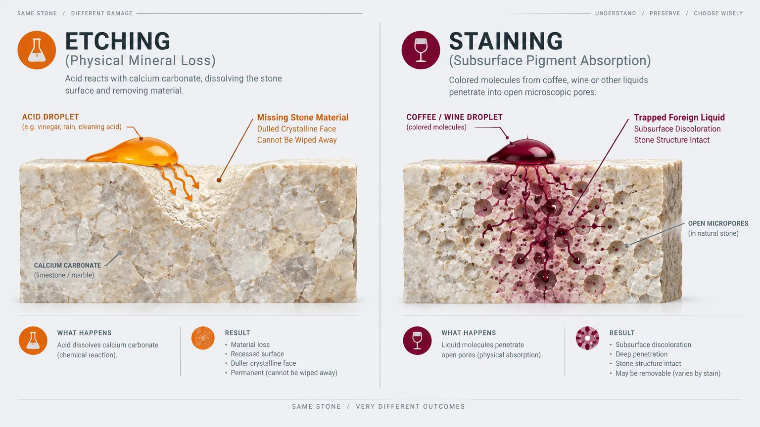 Cross-section diagram comparing surface mineral loss from acid etching against liquid pigment penetrating stone micropores.